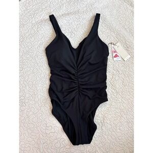 CALIA Women's Black Ruched‎ V Neck One Piece Bathing / Swim Suit Size 10 #78
